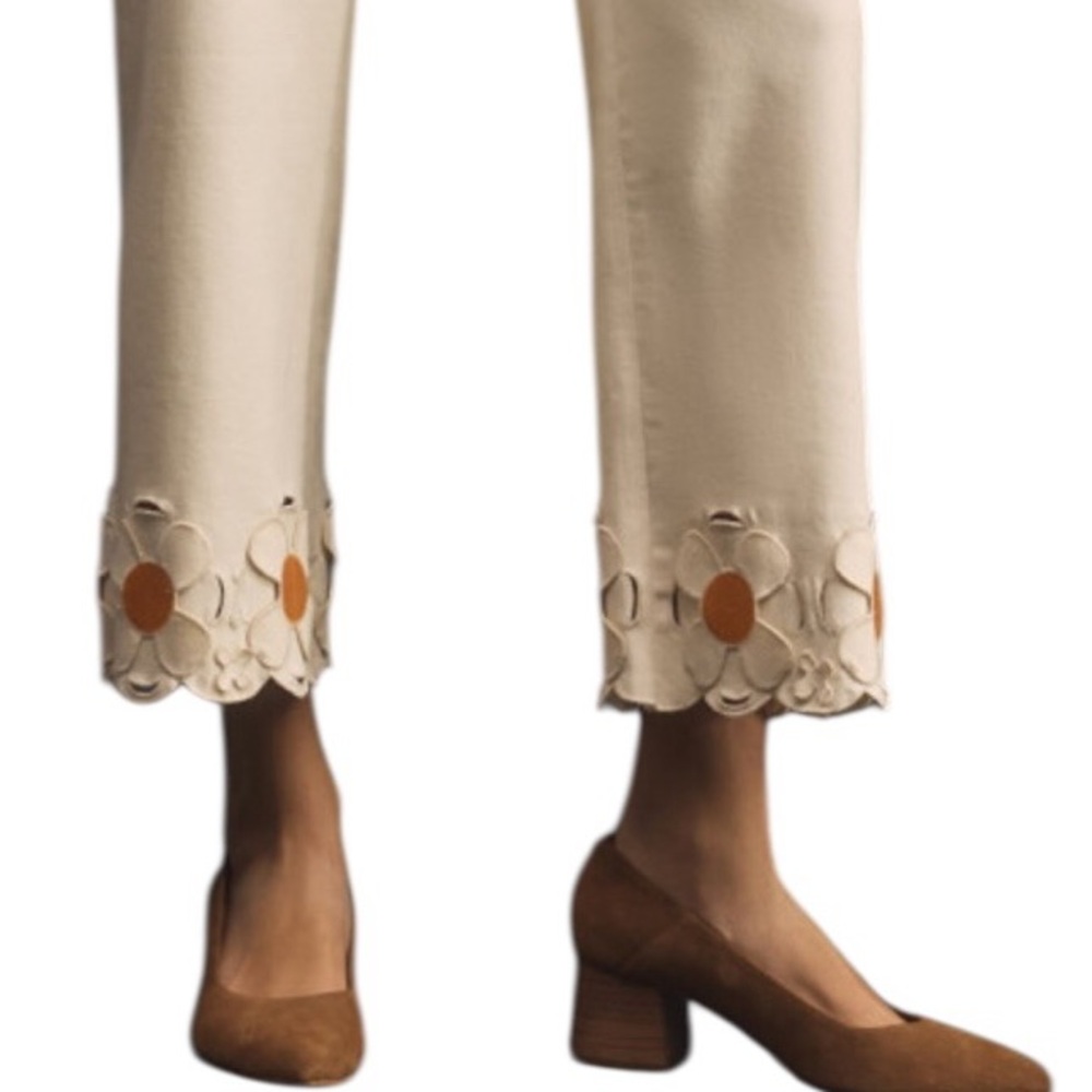 Maeve Colette Flower Embroidered denim Twill Wide leg Jeans Off White Size 30 - Picture 8 of 12